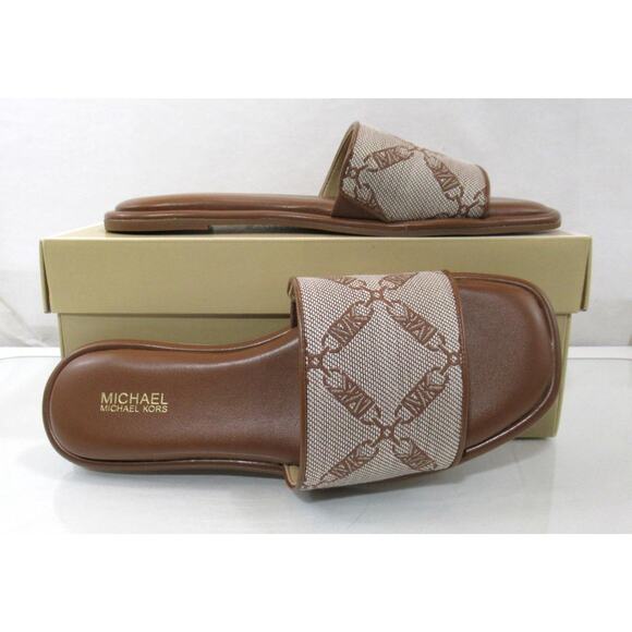 Michael Kors Hayworth Empire Logo Jacquard Slide Sandal Natural Luggage Size 7.5 - Picture 4 of 7